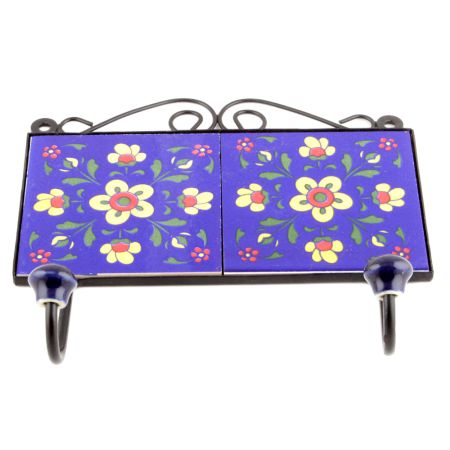 Navy Blue Yellow Floral Tiles Hooks